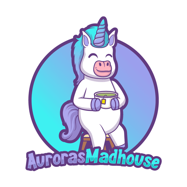 Auroras Madhouse Logo - A white unicorn with a blue mane and purple tail sat on a stool holding a cup of tea with the words Auroras Madhouse below